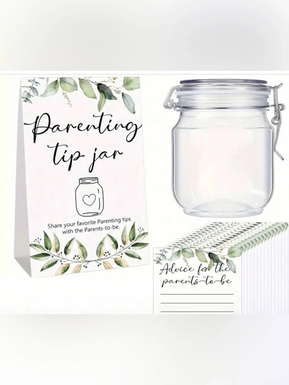 Parenting Tip Jar Cards and Tent Sign - White and Green Baby Shower Set